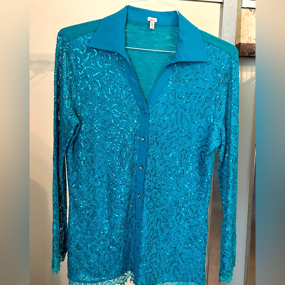 Teal sequin long sleeve shirt. Western, rodeo.